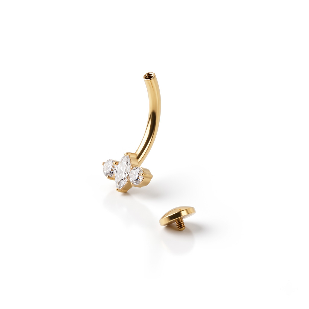 Floating belly ring with central marquise stone in titanium