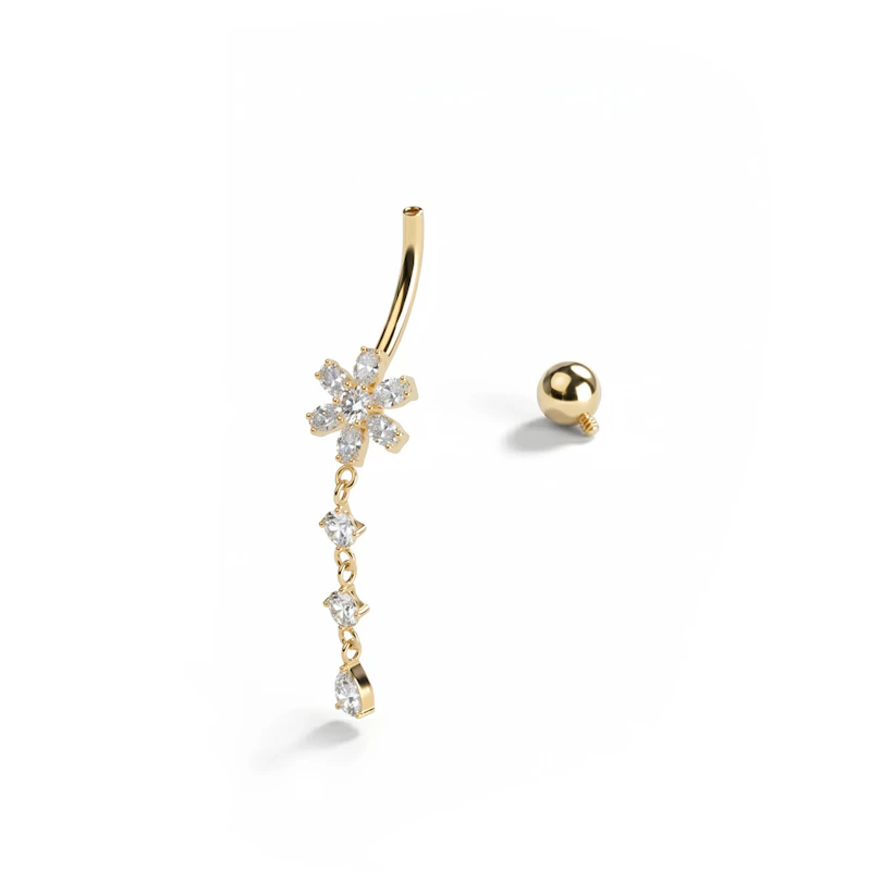Belly ring with flower and cascading stones in titanium