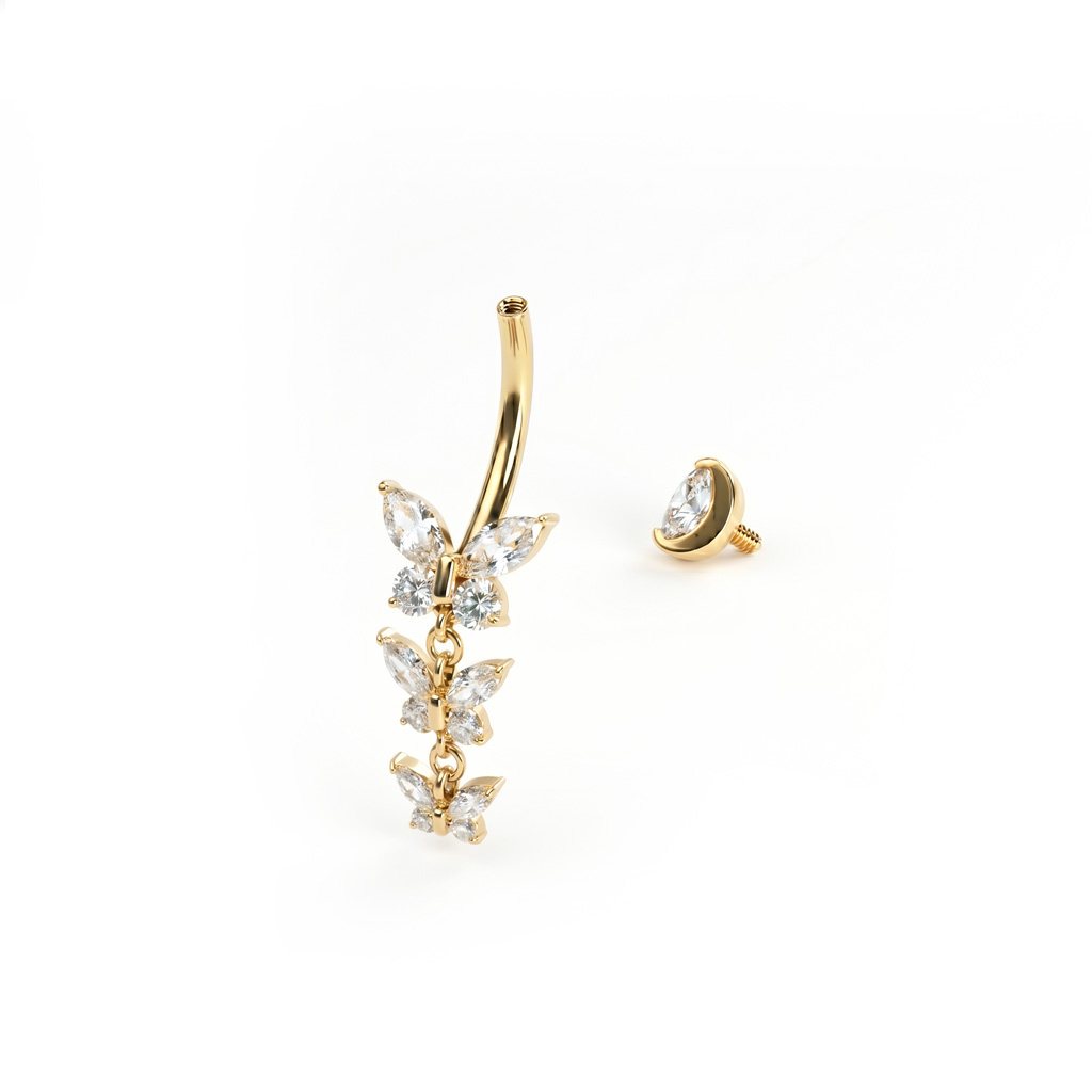 Belly ring with trio of butterflies in titanium