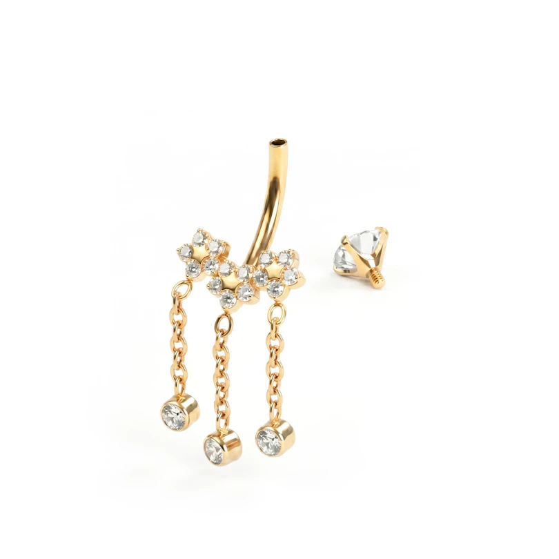 Belly ring with trio of flowers and dangles in titanium