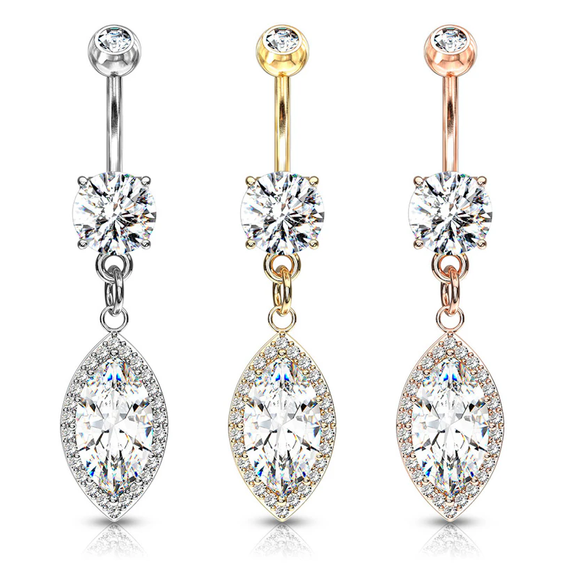 Belly button ring with marquise stone dangle