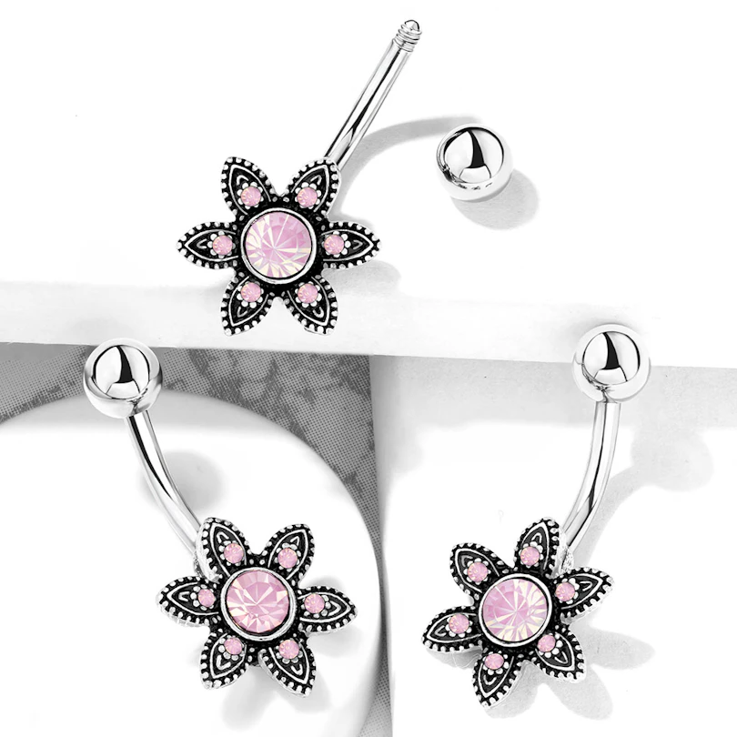 Belly button ring with flower and round opalite
