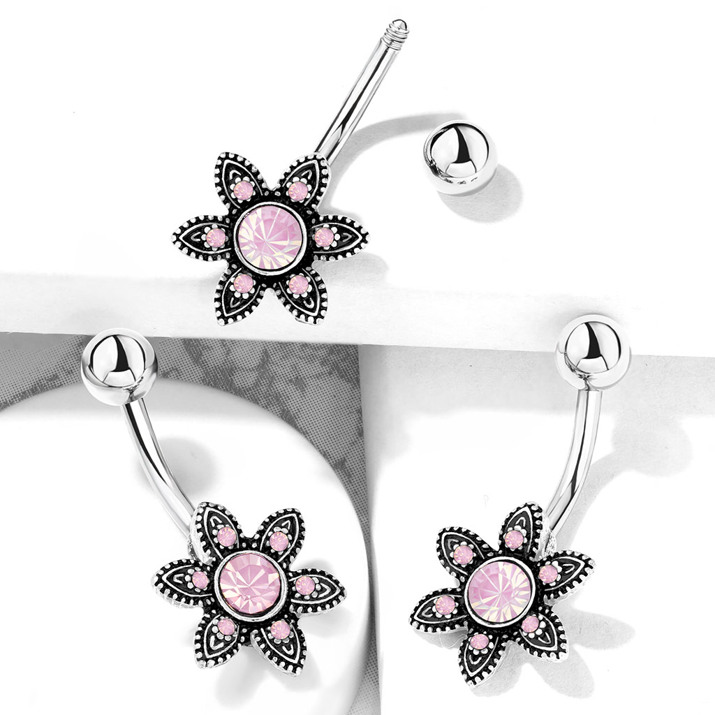 Belly button ring with flower and round opalite