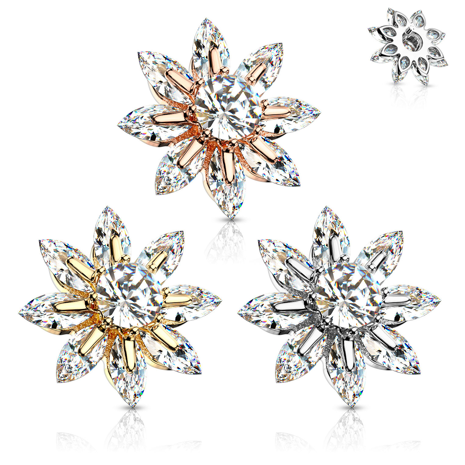Dermal top with flower of studded petals and large central gem