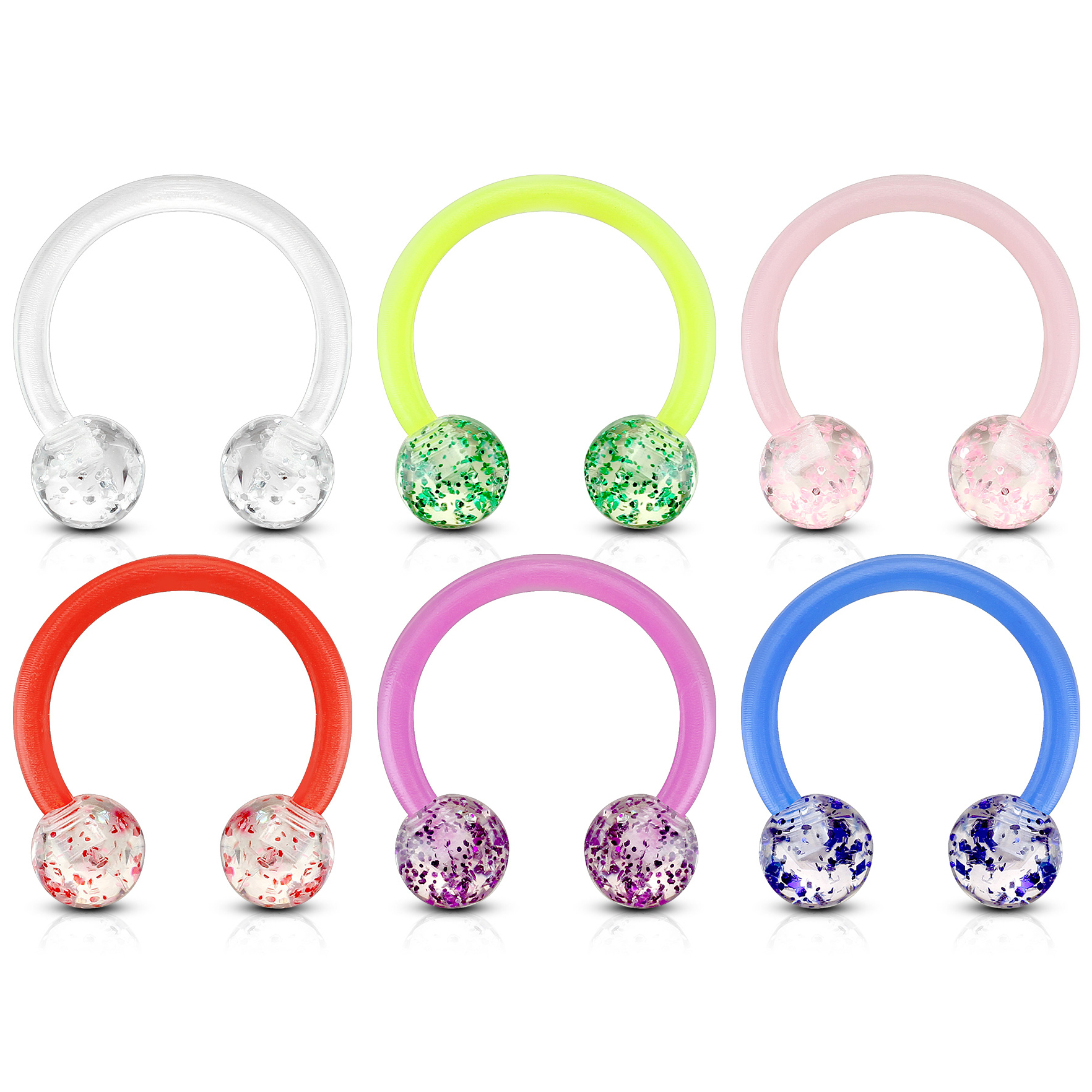 Circular barbell made of acrylic with glitter balls