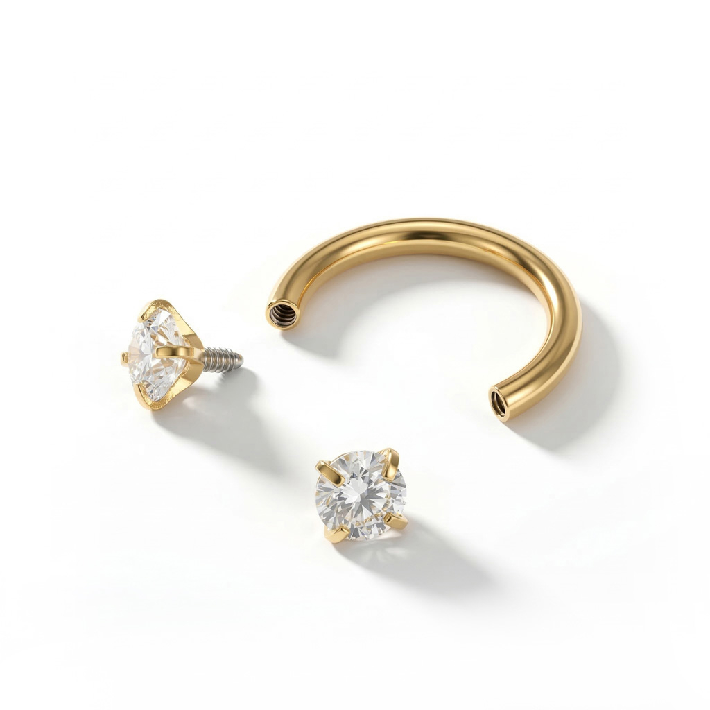 Circular barbell internally threaded with round stones