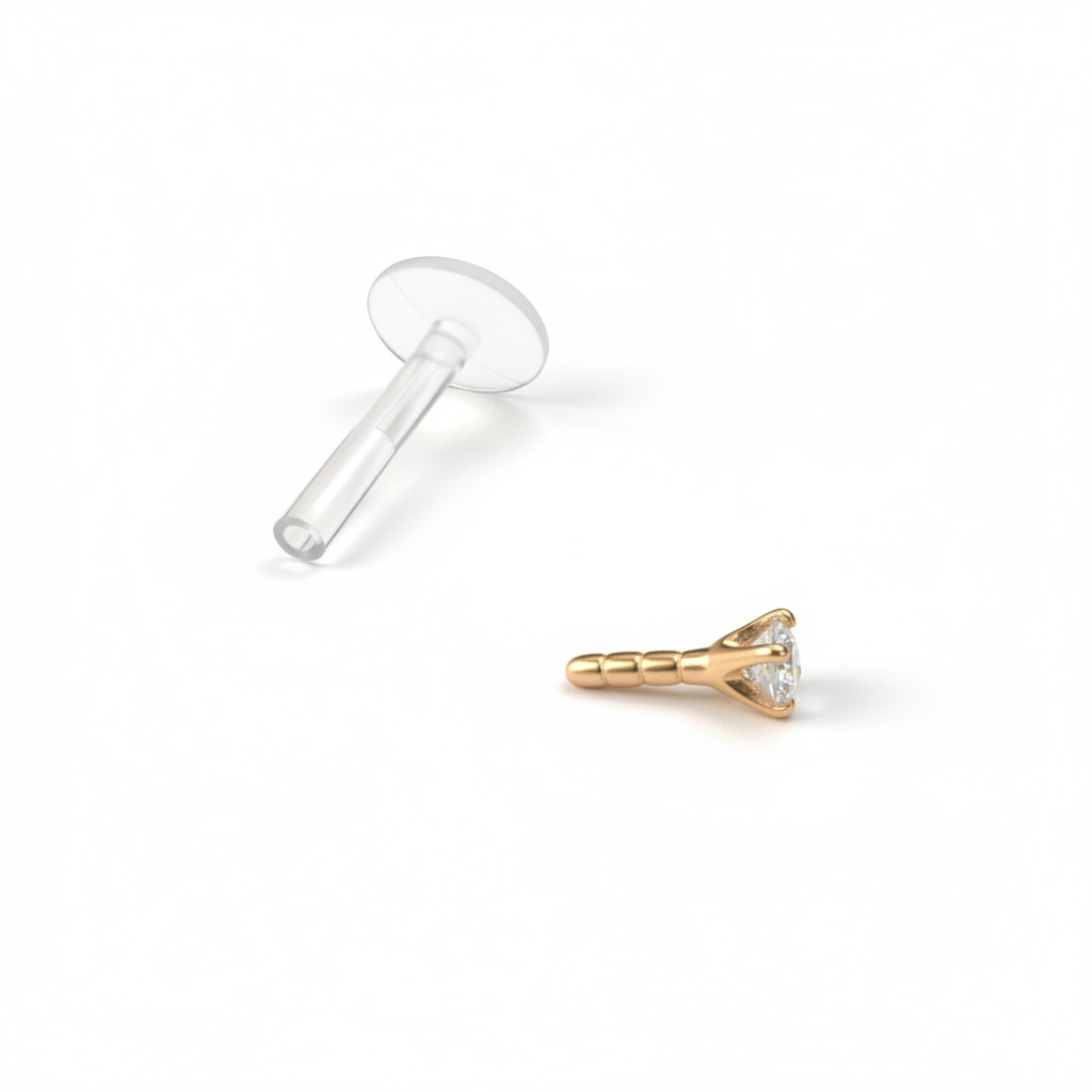 Labret with ptfe post and 14k gold jeweled top