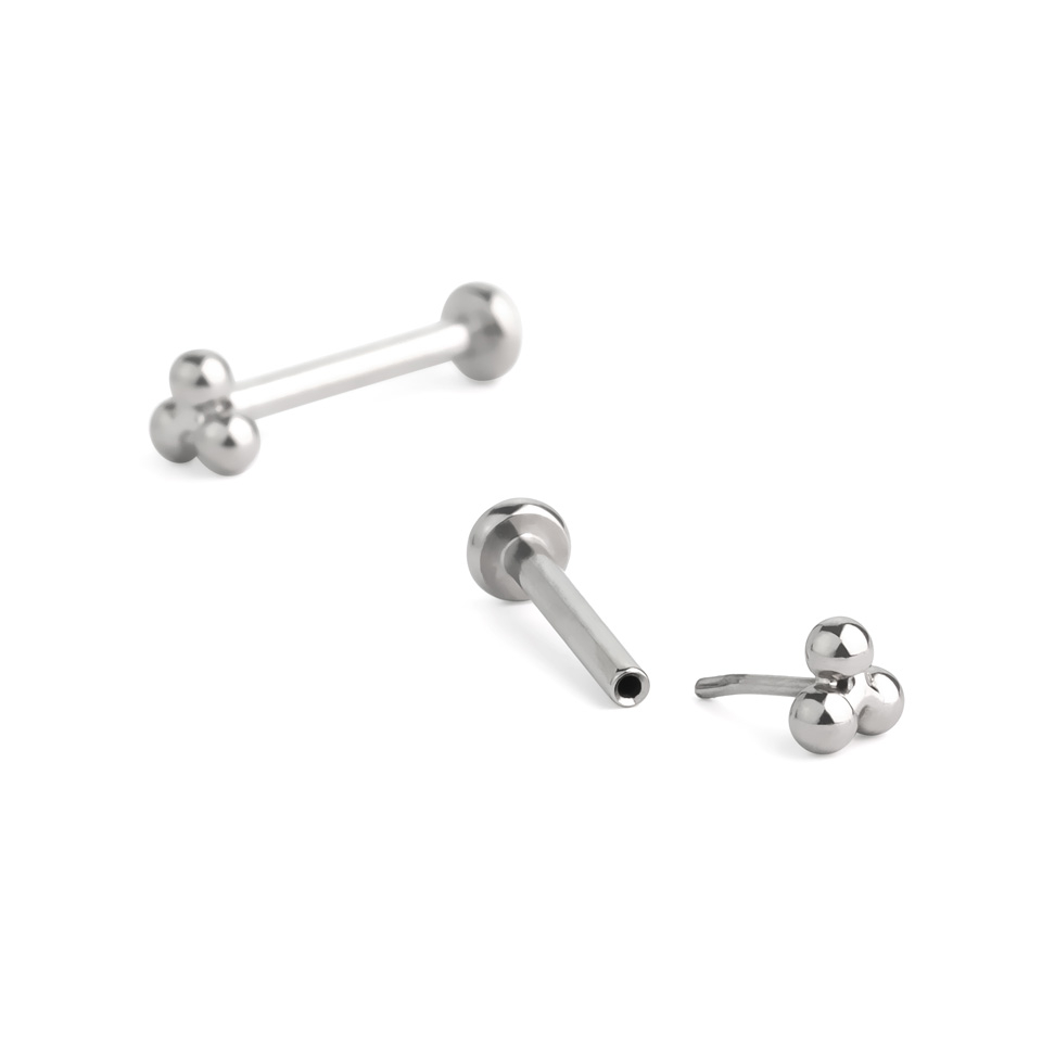Titanium push-in labret with triangular ball cluster top