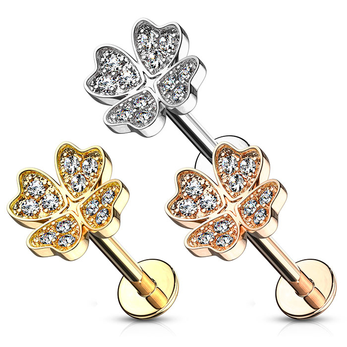 Labret z notranjim navojem in s kamni okrašeno deteljico