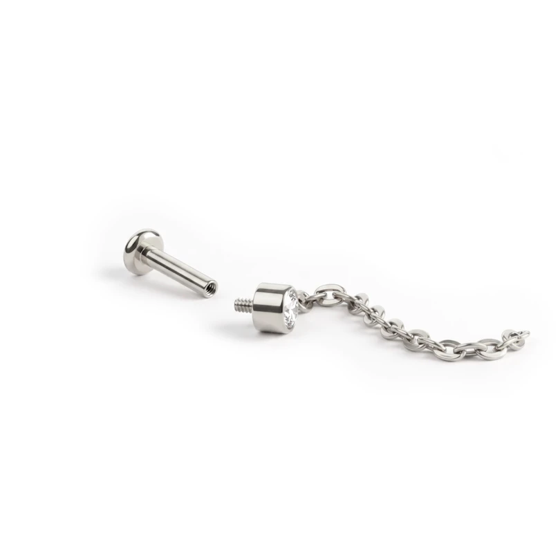 Dainty titanium labret with stone and chain dangle
