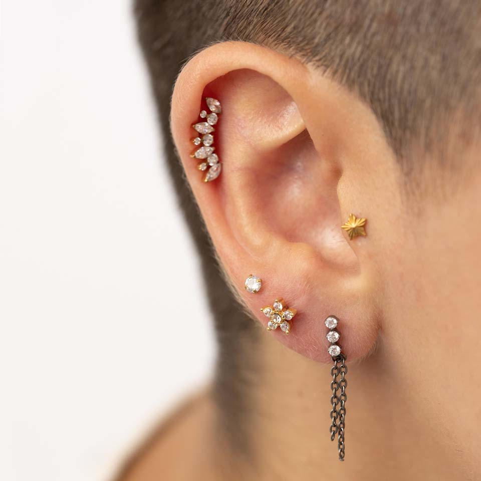 Titanium labret with trio of stones and double chain dangle