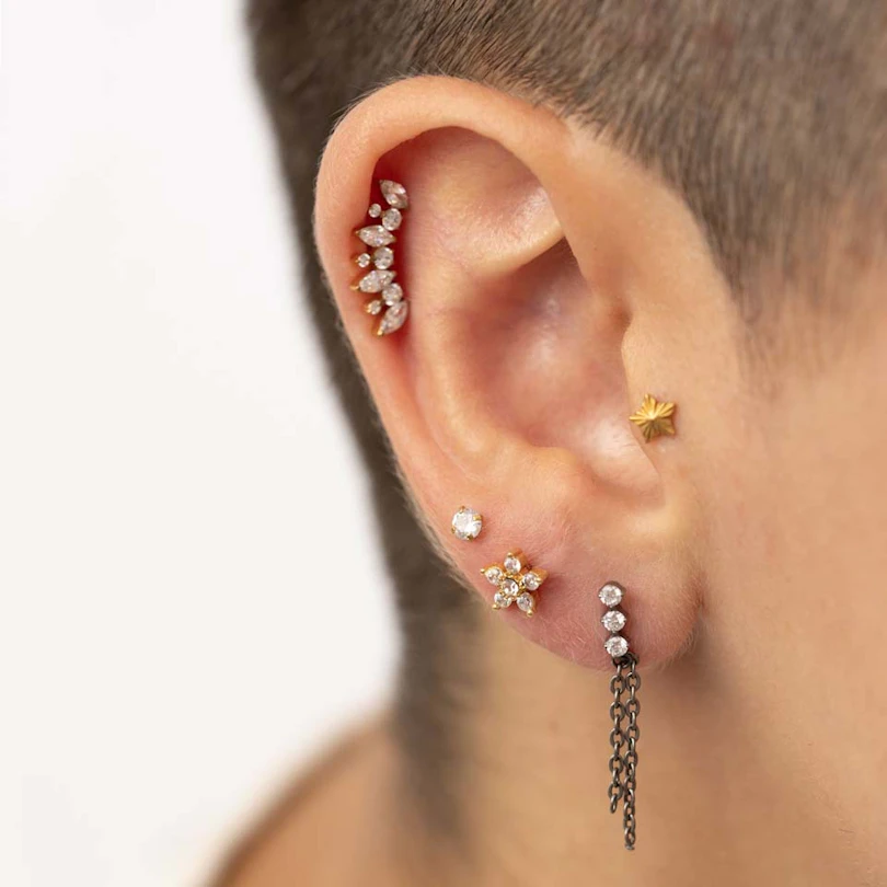Titanium labret with trio of stones and double chain dangle