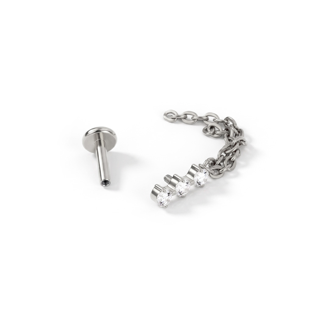 Titanium labret with trio of stones and double chain dangle