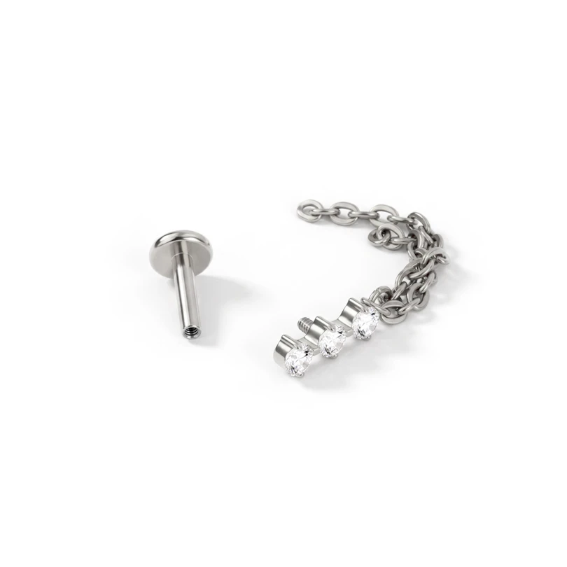 Titanium labret with trio of stones and double chain dangle
