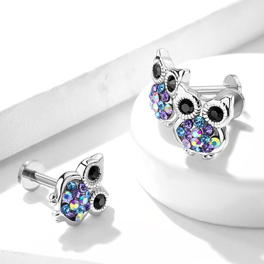 Labret with studded owl and internal thread