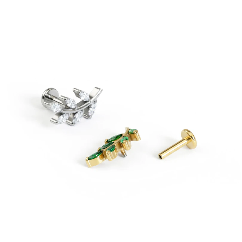 Leaf labret in titanium with gem stones