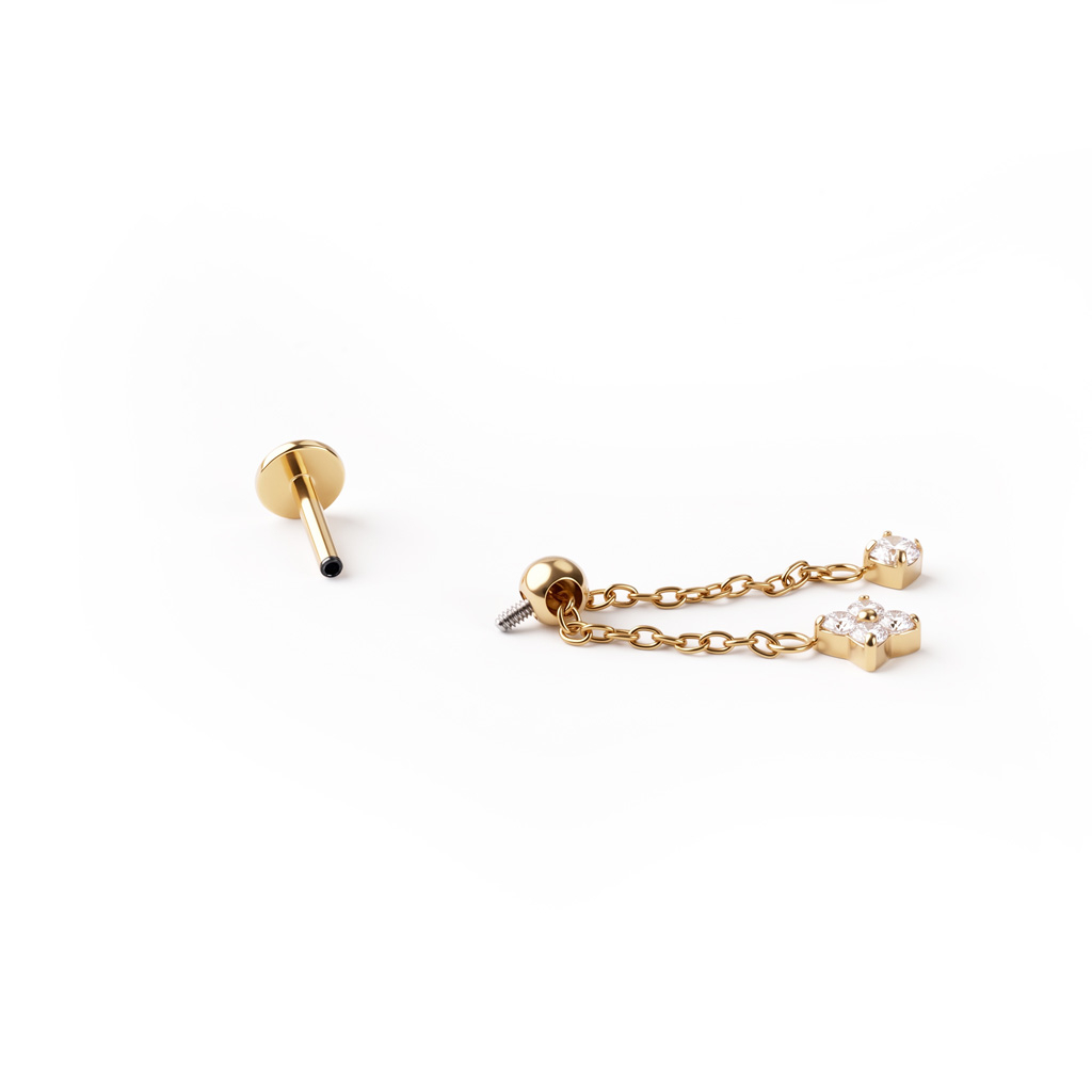 Moveable chain titanium labret with small flower