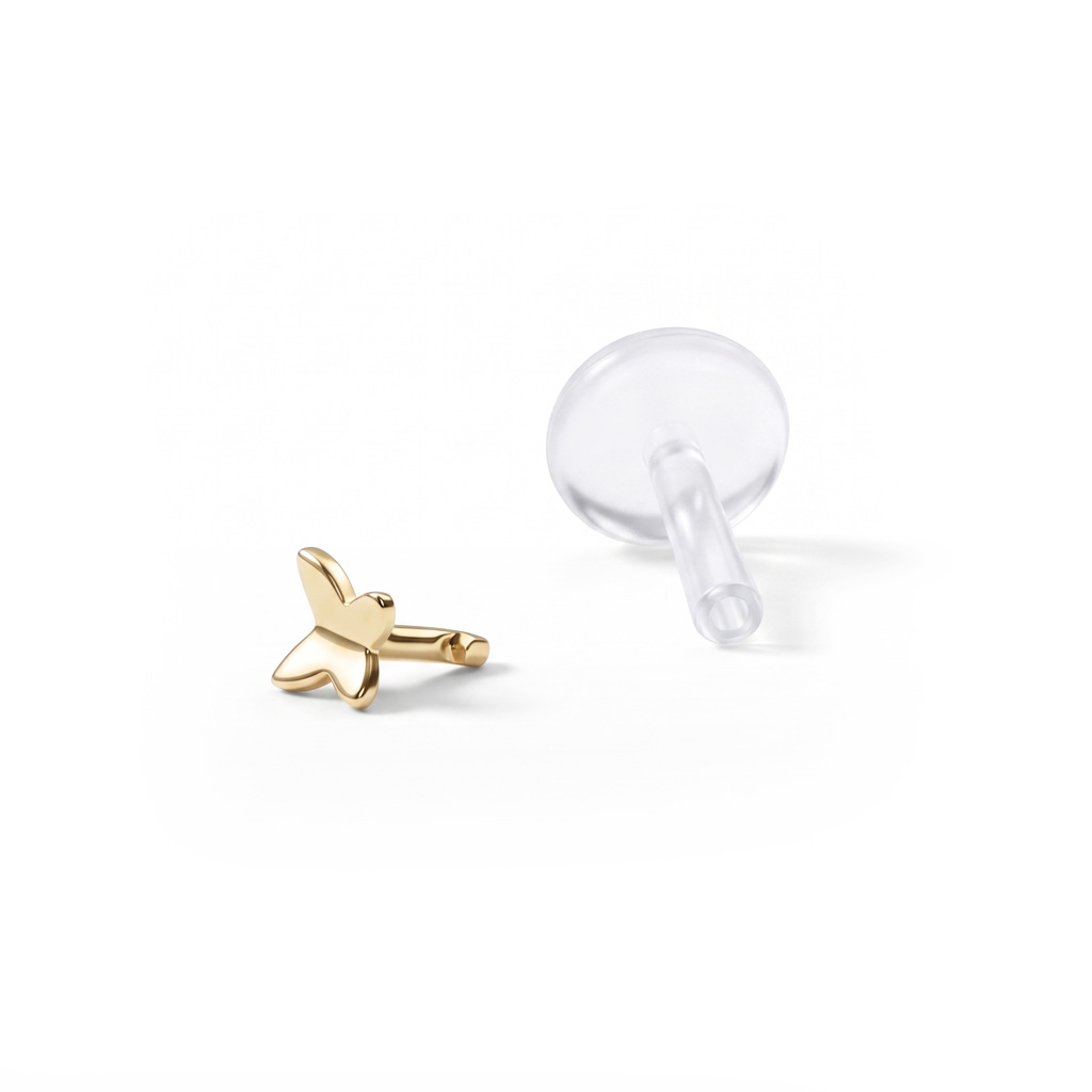 Labret with ptfe post and 14k gold butterfly stud