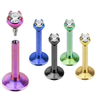 Labret with internally threaded post and prong-set clear gem