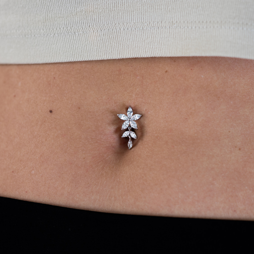 Reverse belly ring with studded flower