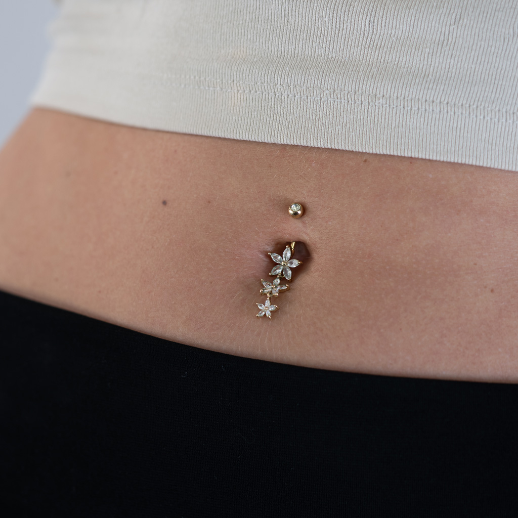 Belly button ring with three marquise stone flowers dangle