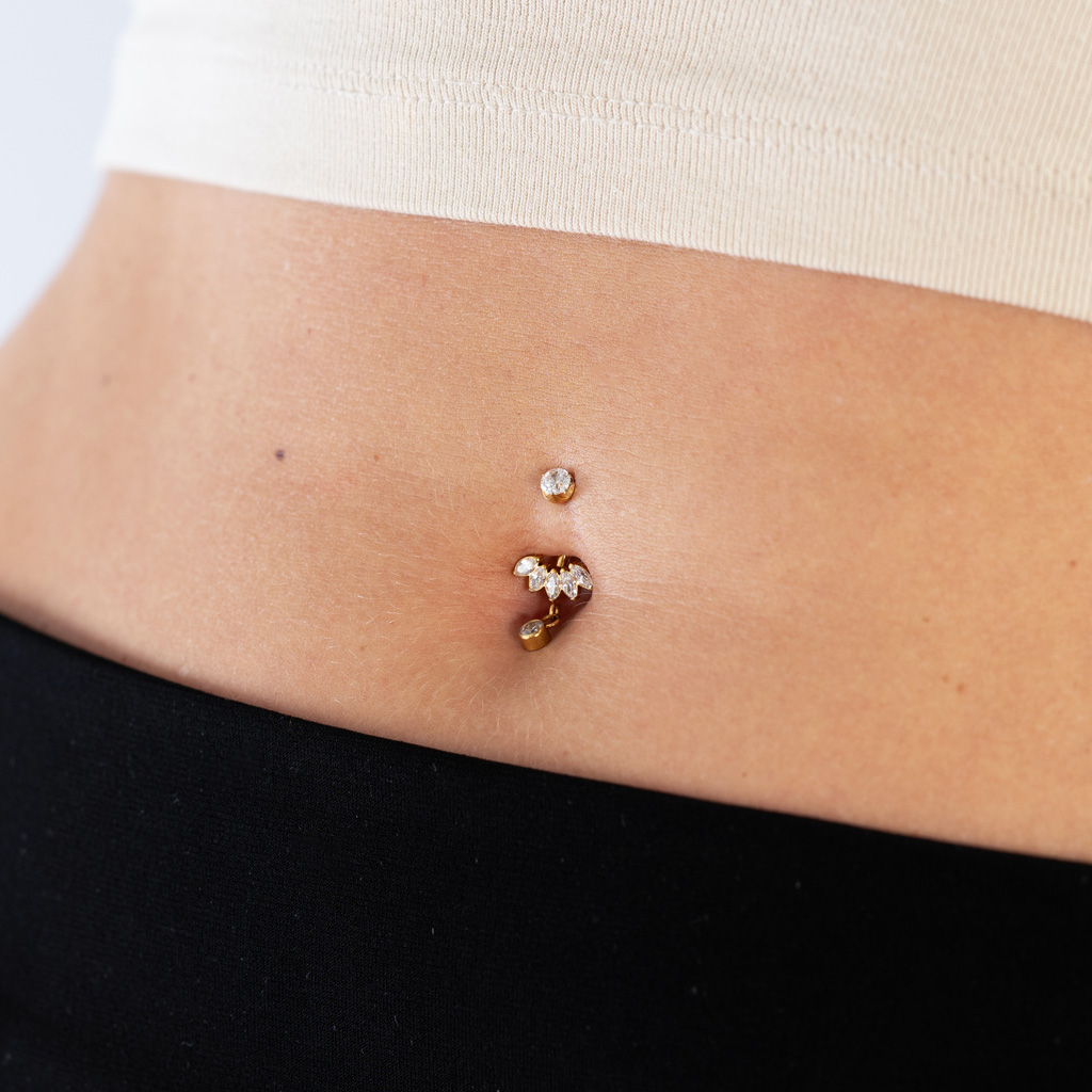 Titanium belly ring with marquise stones and dangle