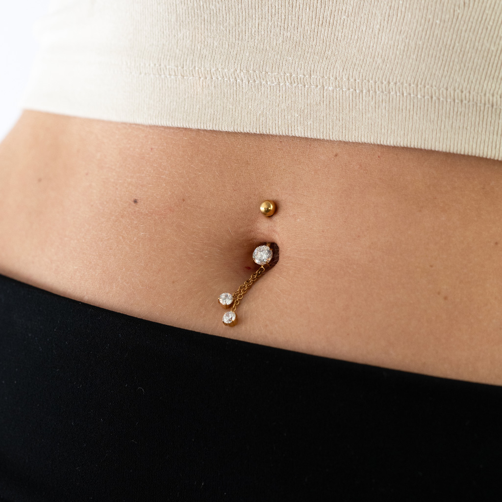 Titanium belly ring with chains and stones