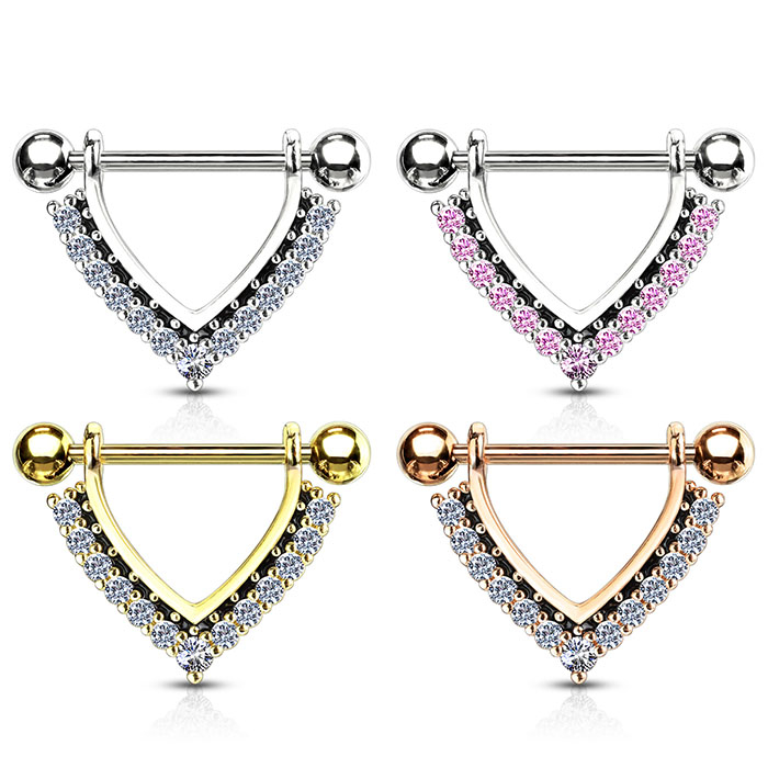 Nipple piercing in V-shape with stones