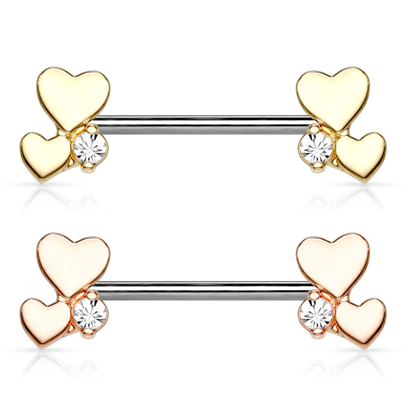 Nipple barbell with two hearts and gem