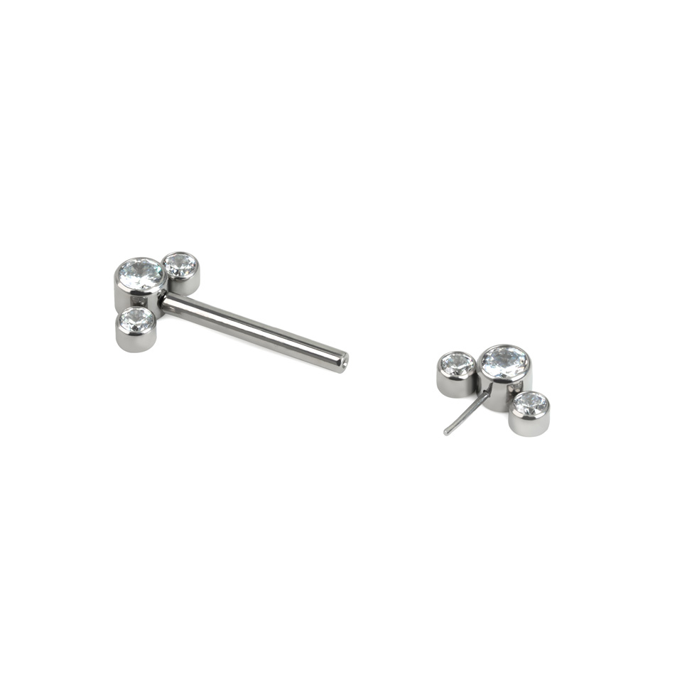 Threadless nipple barbell with 3 CZ bezel set ends