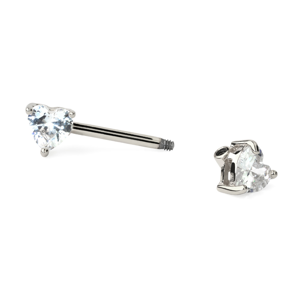 Nipple barbell with heart-shaped zirconia stones in your choice of color