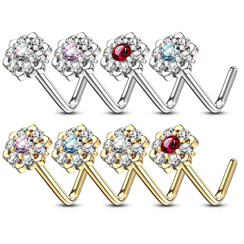 Nose ring made of 14k gold with studded lotus flower