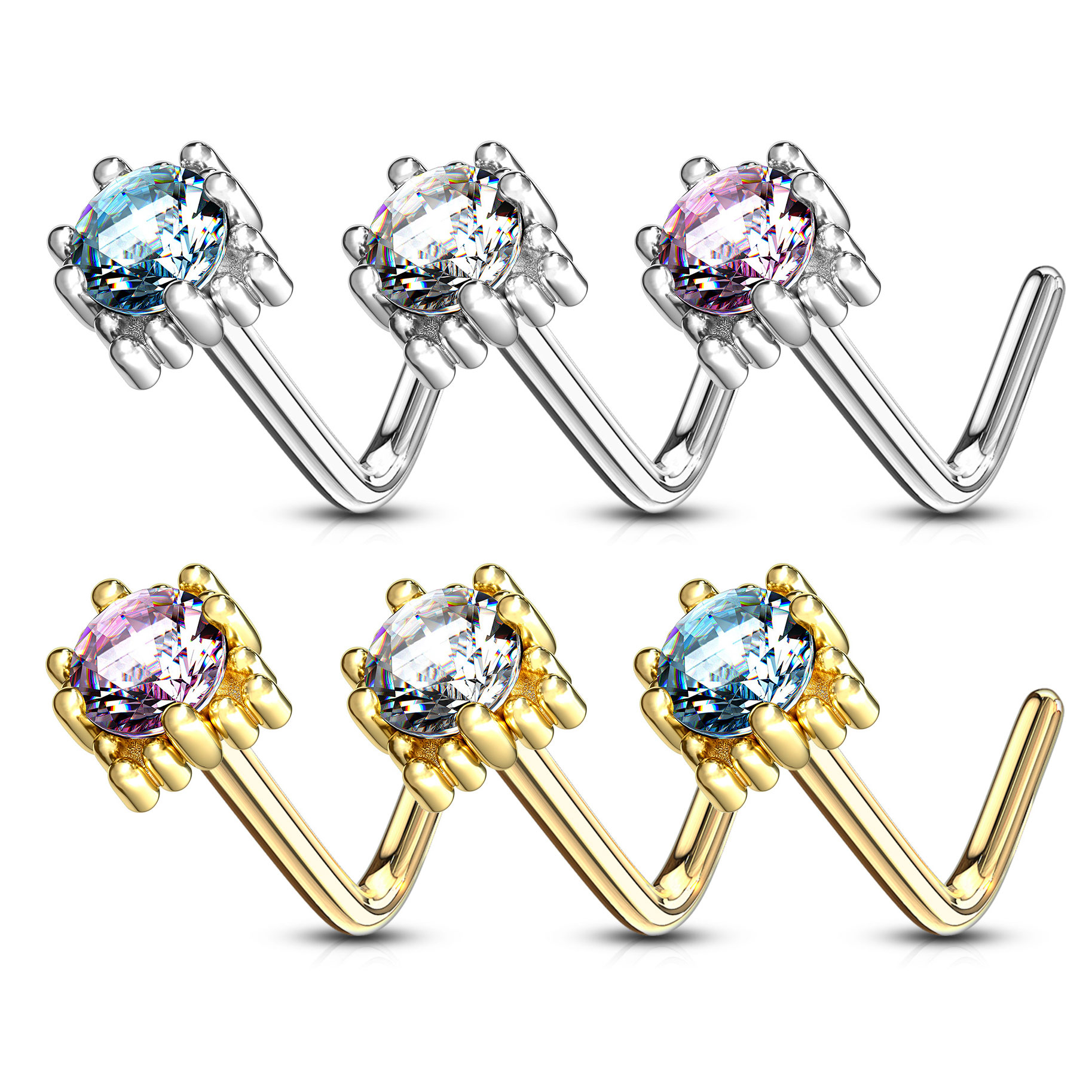 Nose ring made of 14k gold with jeweled square base