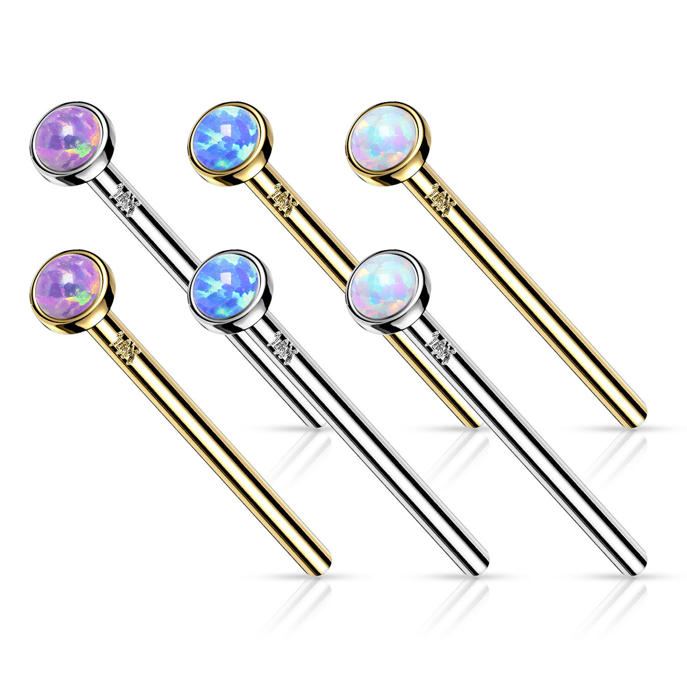 Fishtail nose stud made of 14k gold with bezel set opal stone