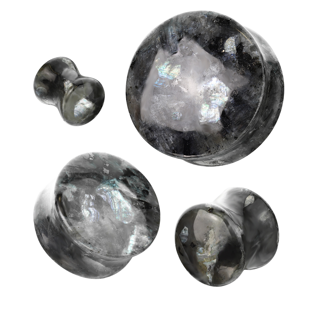 Double flared plug in natural black labradorite