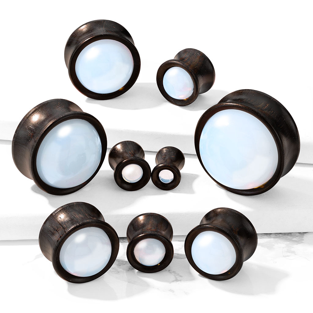 Plug made of wood with convex opalite