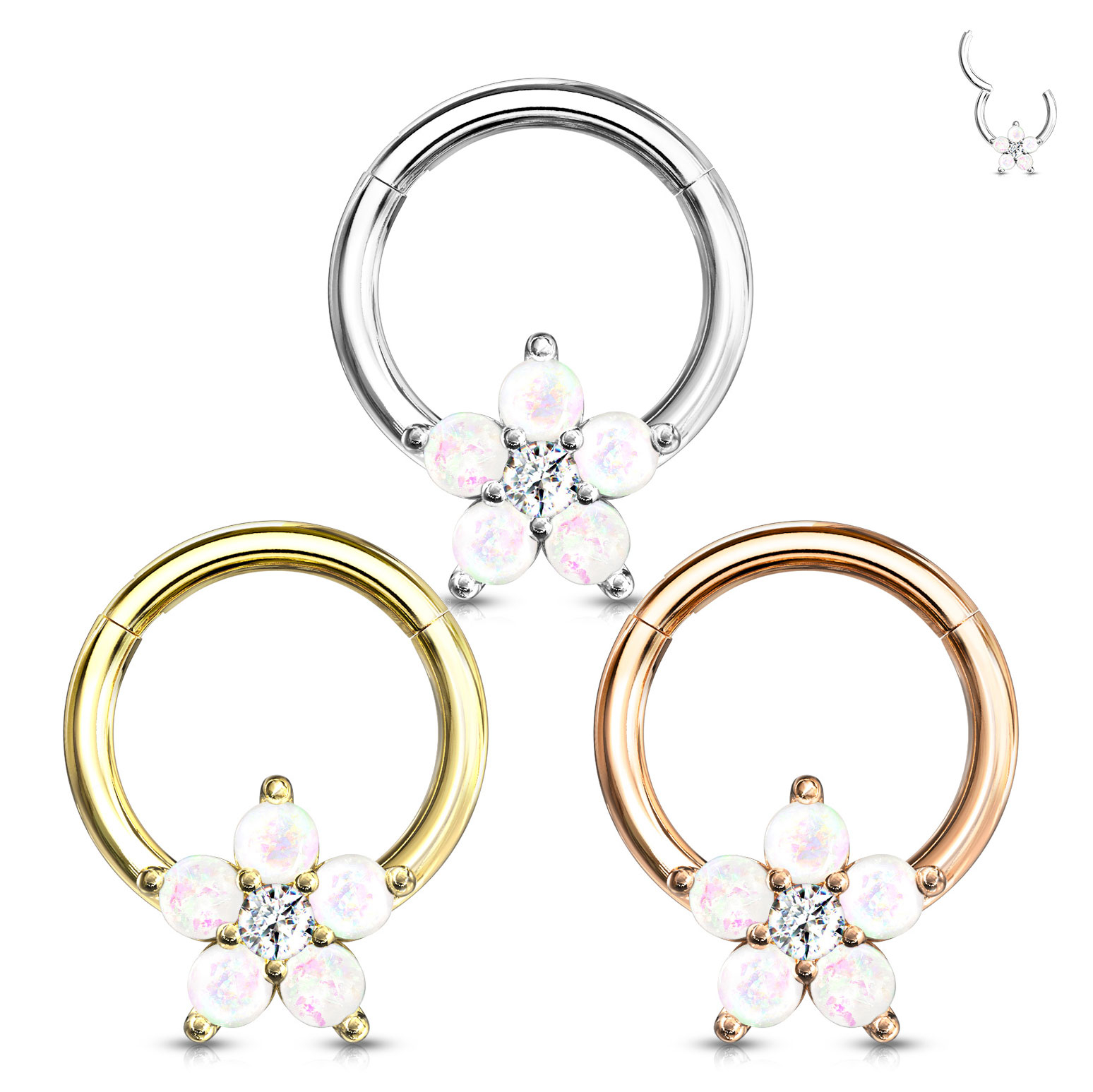 Hinged ring with flower of opals