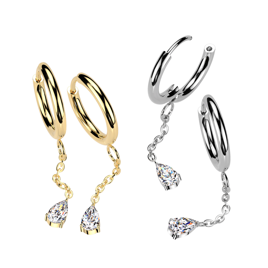 Pair of huggie hoops with teardrop dangle