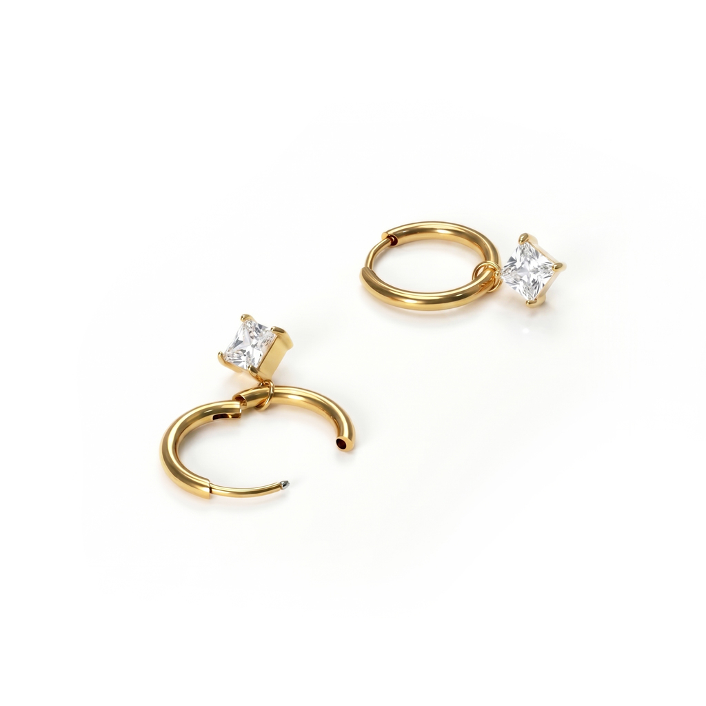 Pair of hoops with square gem charm