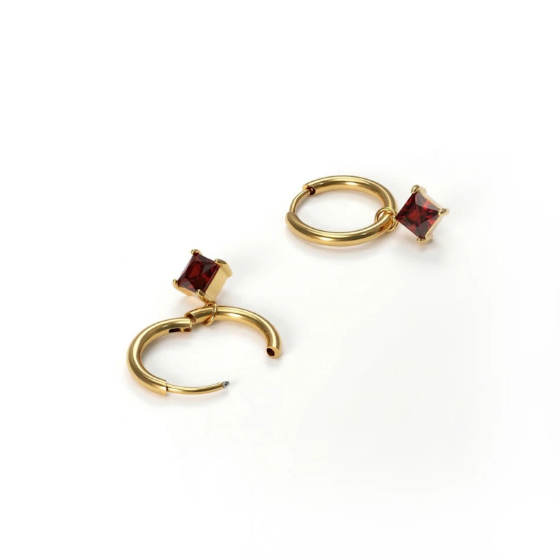 Pair of hoops with square gem charm