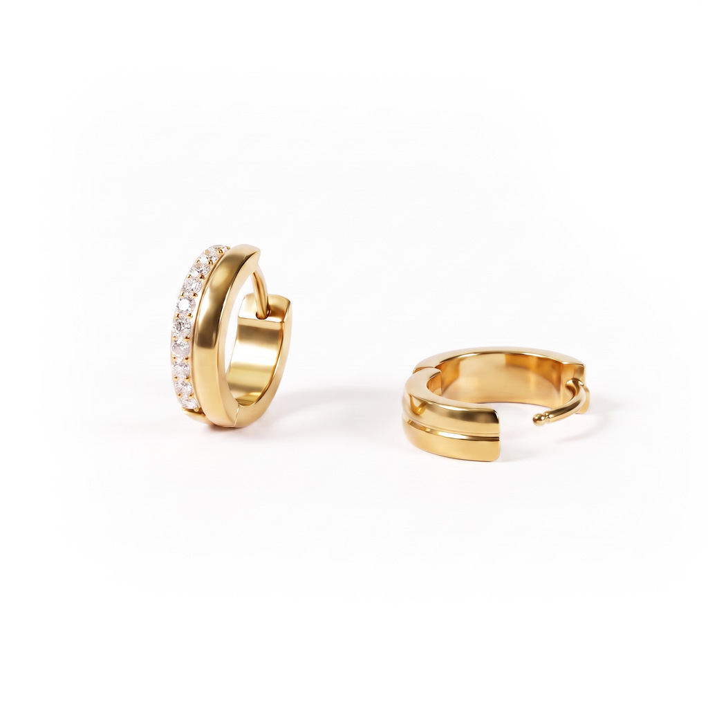 Pair of titanium huggies with row of stones