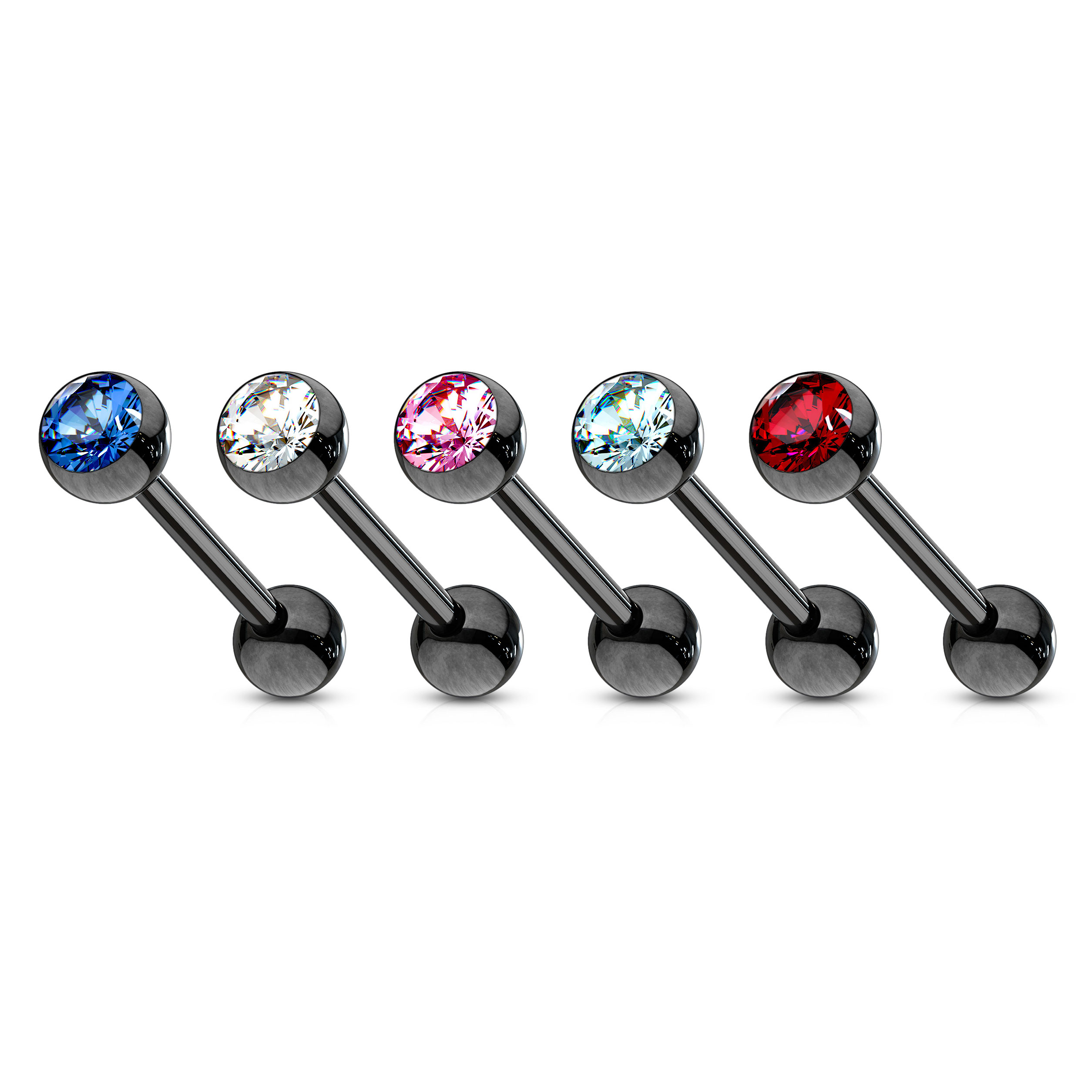Tongue barbell in black color with colored gem