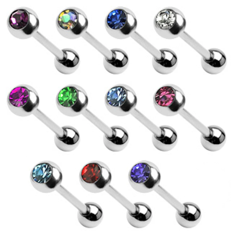 Tongue barbell made of titanium with bezel-set gem
