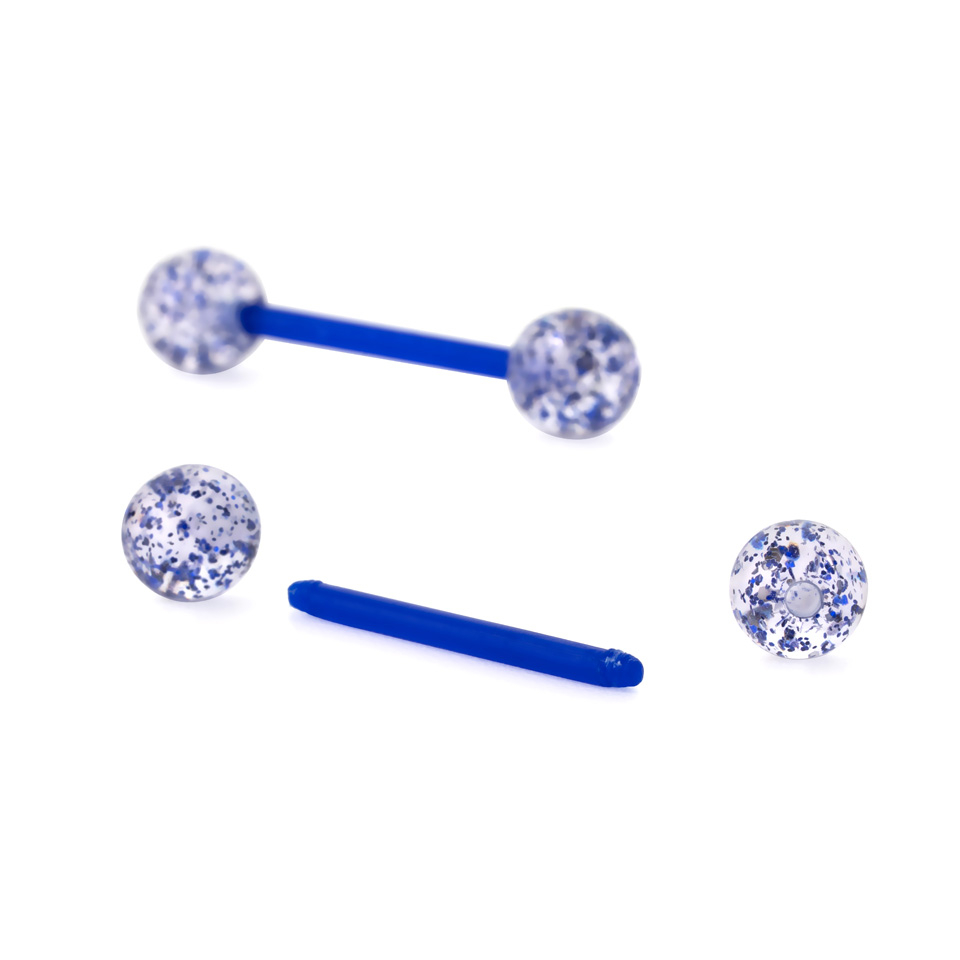 Tongue barbell made of bioplastic with glitter balls
