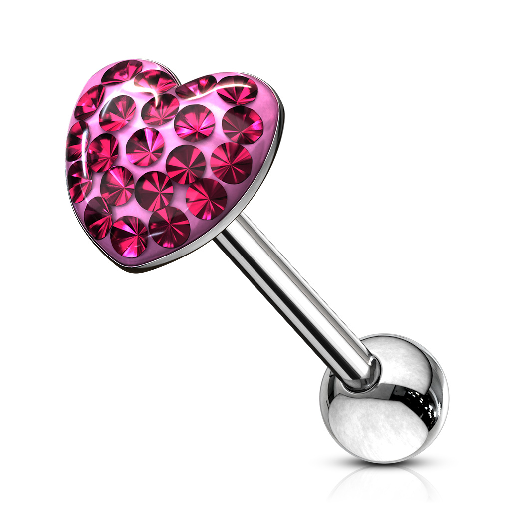 Tongue barbell with studded heart-shaped top