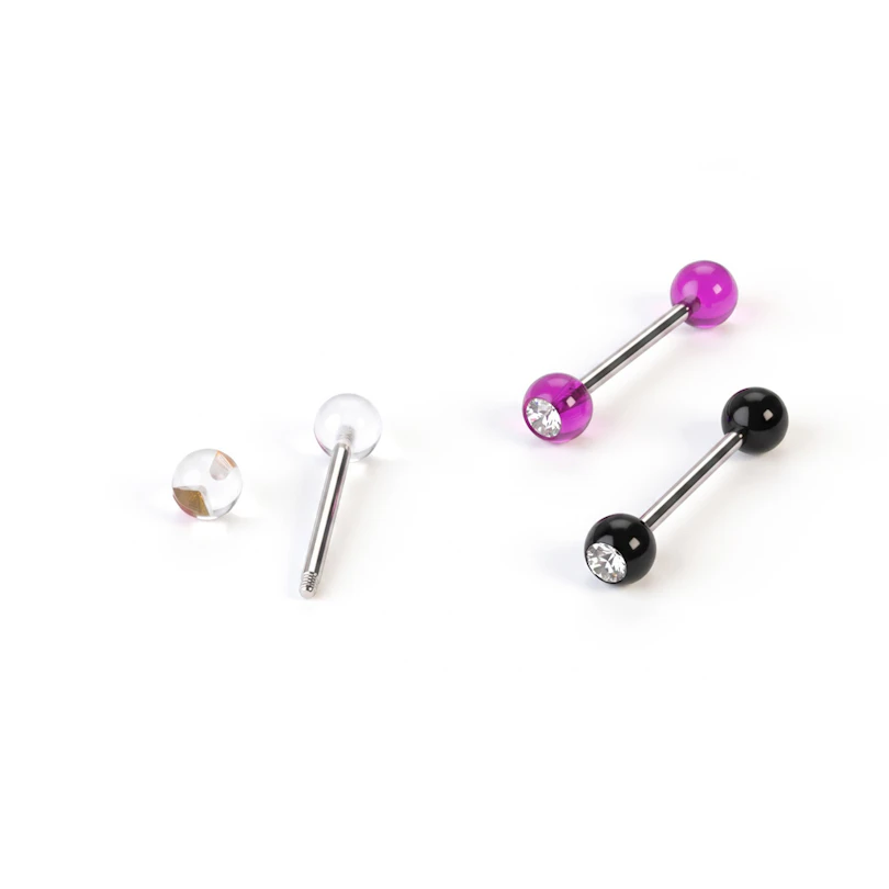 4 tongue barbells with bezel-set stone