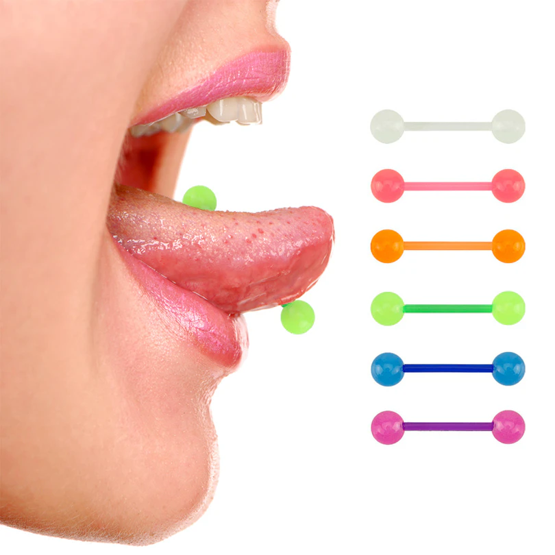 6 tongue barbells made of glow in the dark acrylic