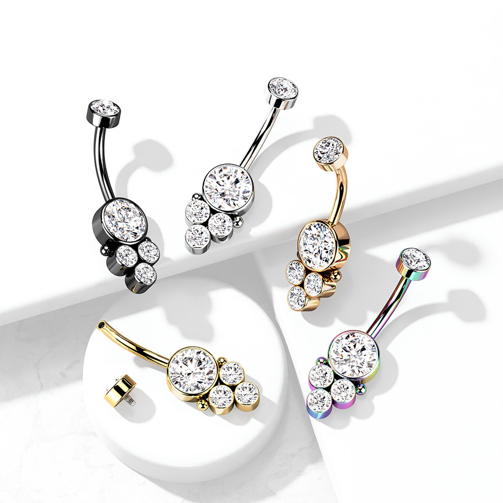 Belly button ring with internal threading and round cluster stones