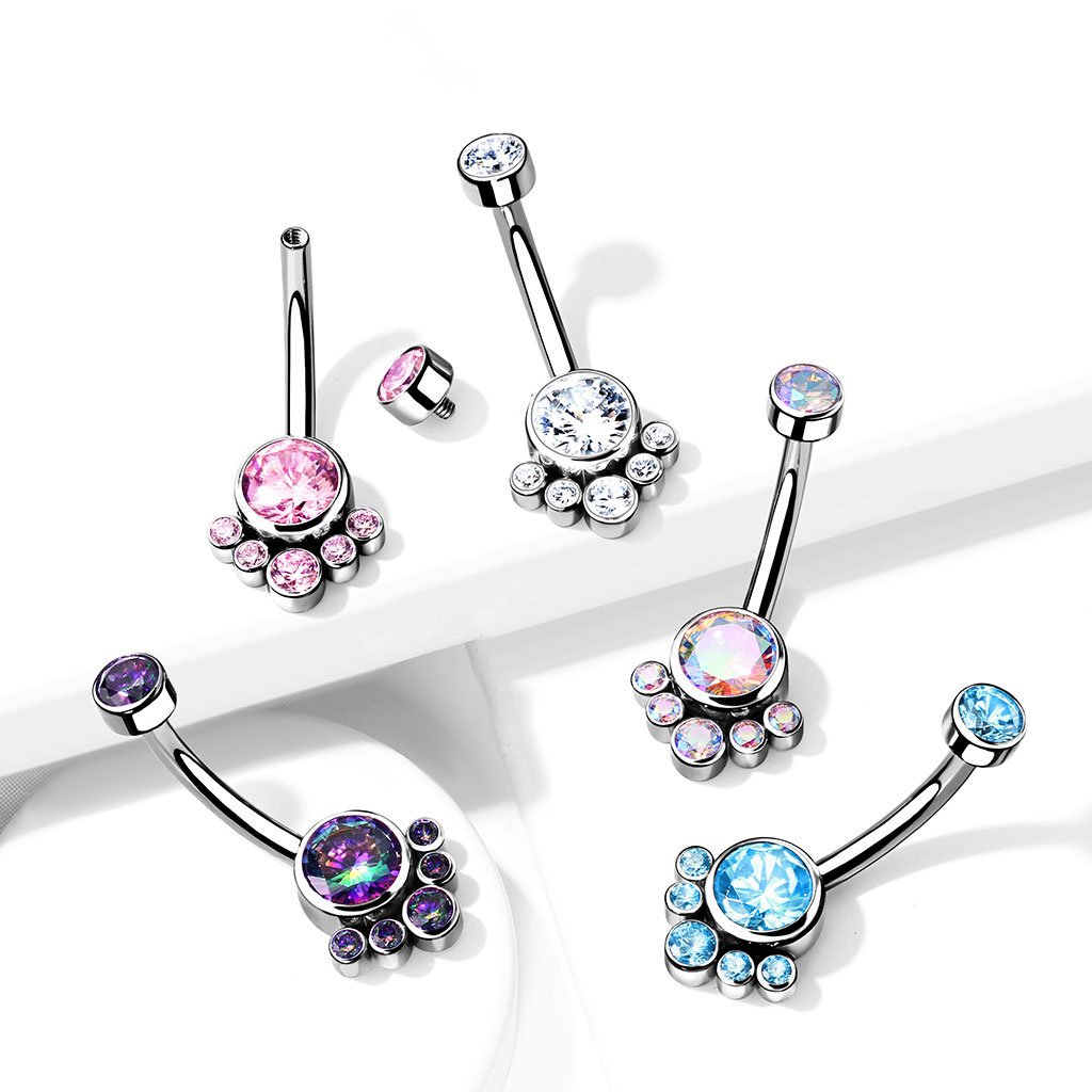 Belly button ring made of titanium with round cluster stones