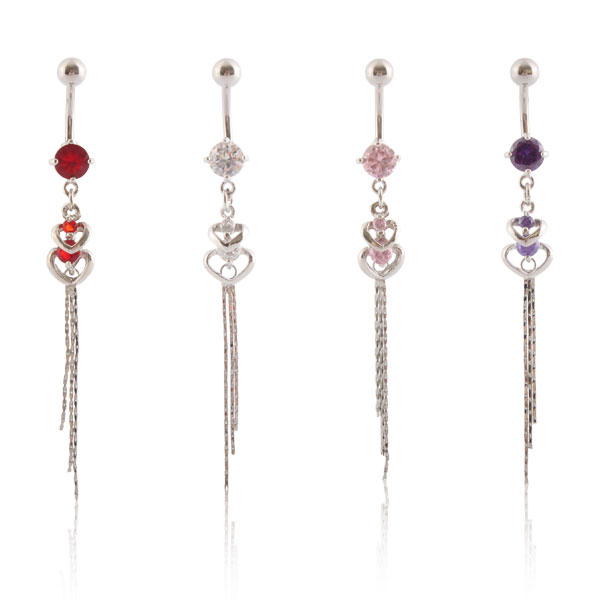 Belly button ring with double heart pendants and stones